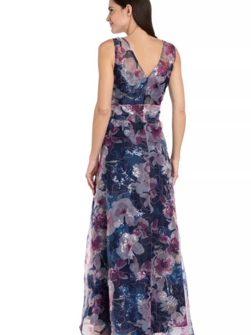 R & M Richards Navy Floral Chiffon Maxi Dress with Purple & Pink Accents - Picture 6 of 8